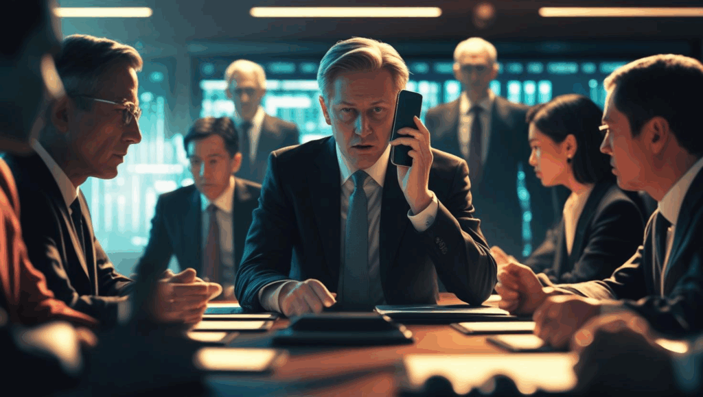 A man in a suit answering the phone in a boardroom